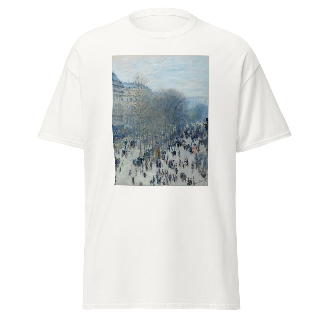 Unisex t-shirt featuring Claude Monet 'Boulevard des Capucines' artwork, shown in White, front view, sizes S–5XL