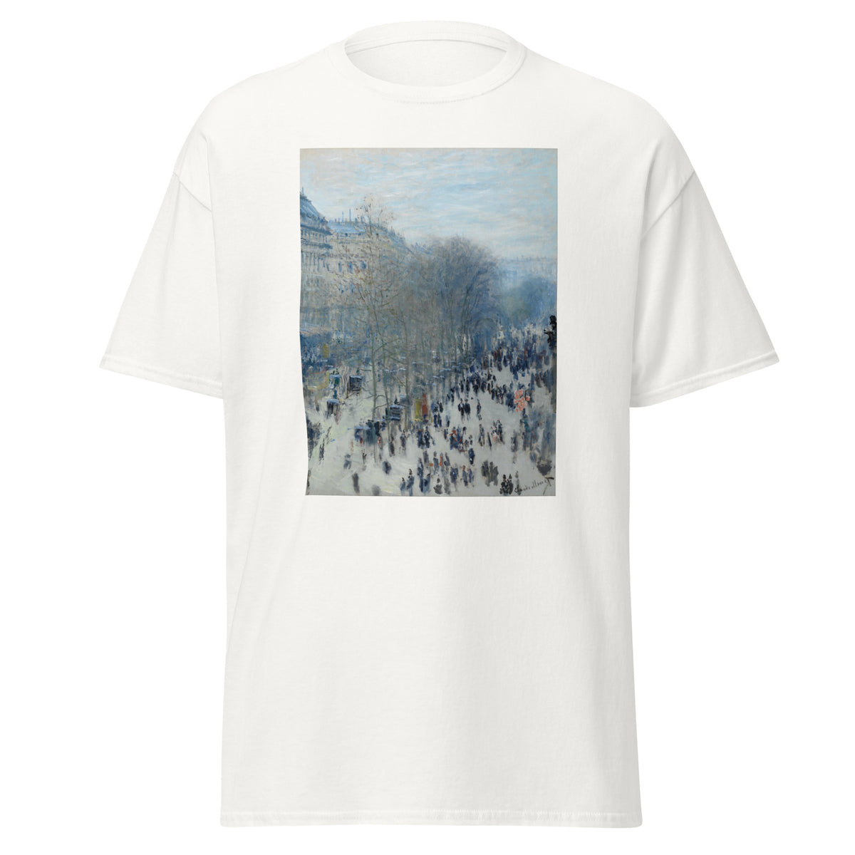 Unisex t-shirt featuring Claude Monet 'Boulevard des Capucines' artwork, shown in White, front view, sizes S–5XL