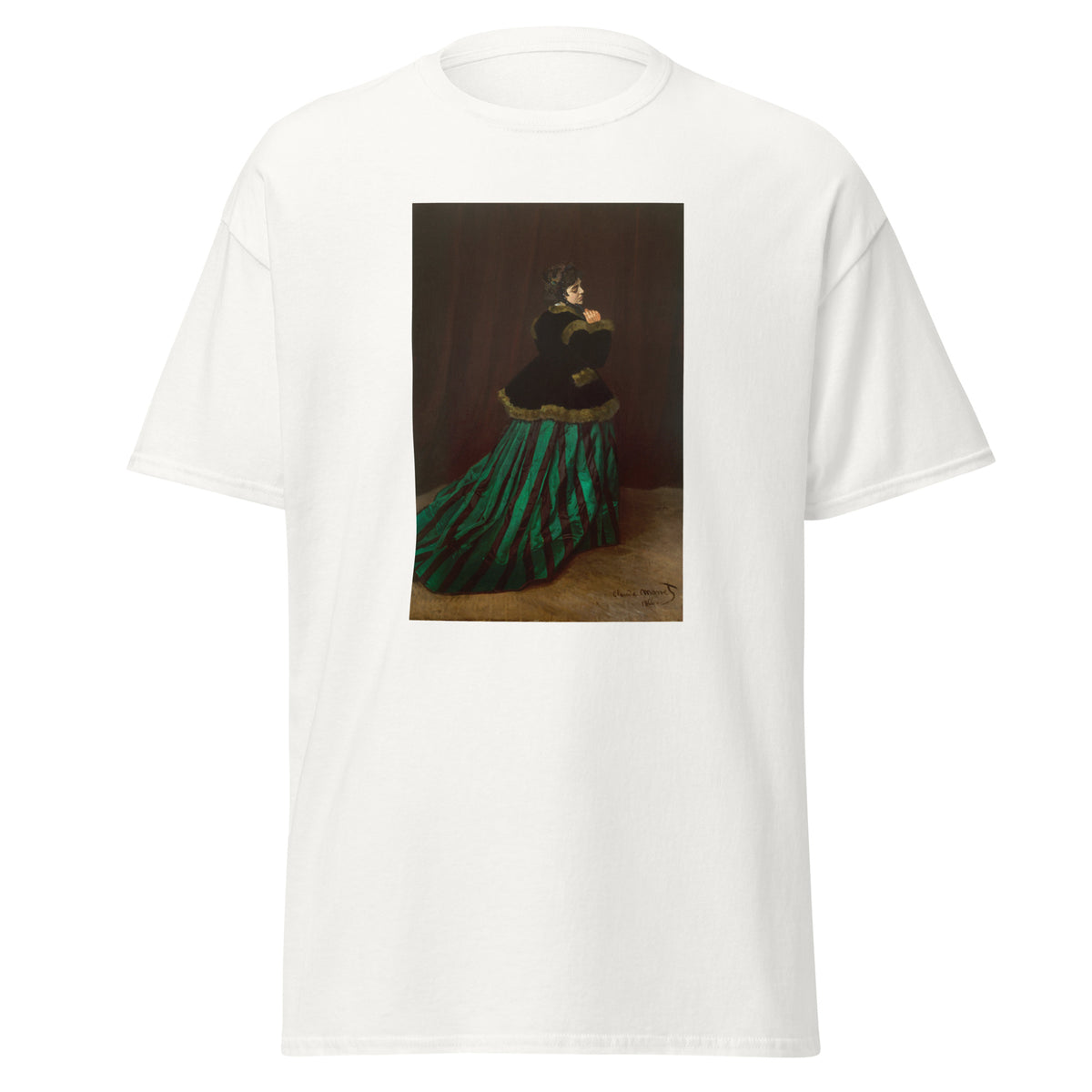 Unisex t-shirt featuring Claude Monet 'Camille' artwork, shown in White, front view, sizes S–5XL