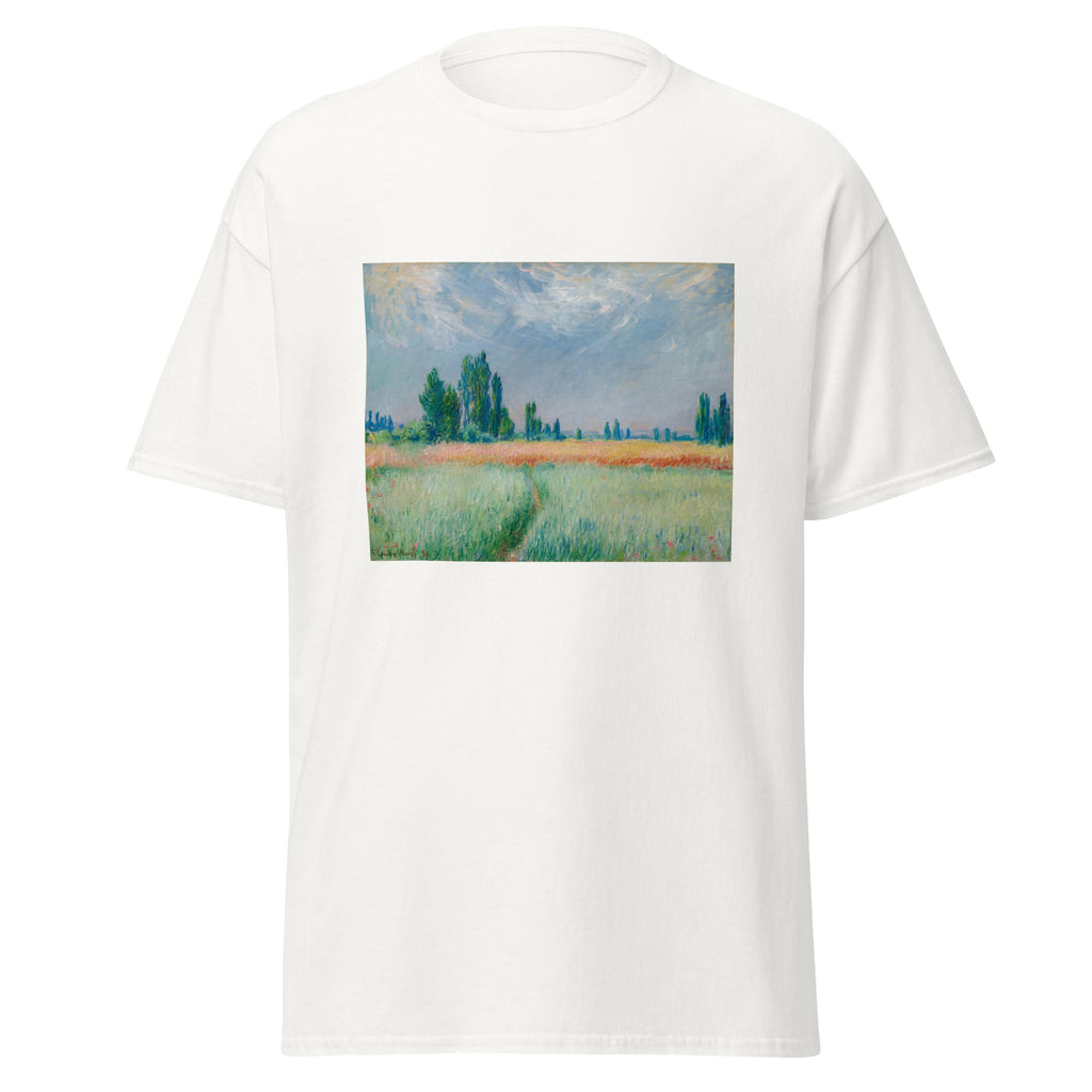 Unisex t-shirt featuring Claude Monet 'Champ De Blé' artwork, shown in White, front view, sizes S–5XL