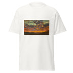 Unisex t-shirt featuring Claude Monet 'Coucher de soleil' artwork, shown in White, front view, sizes S–5XL