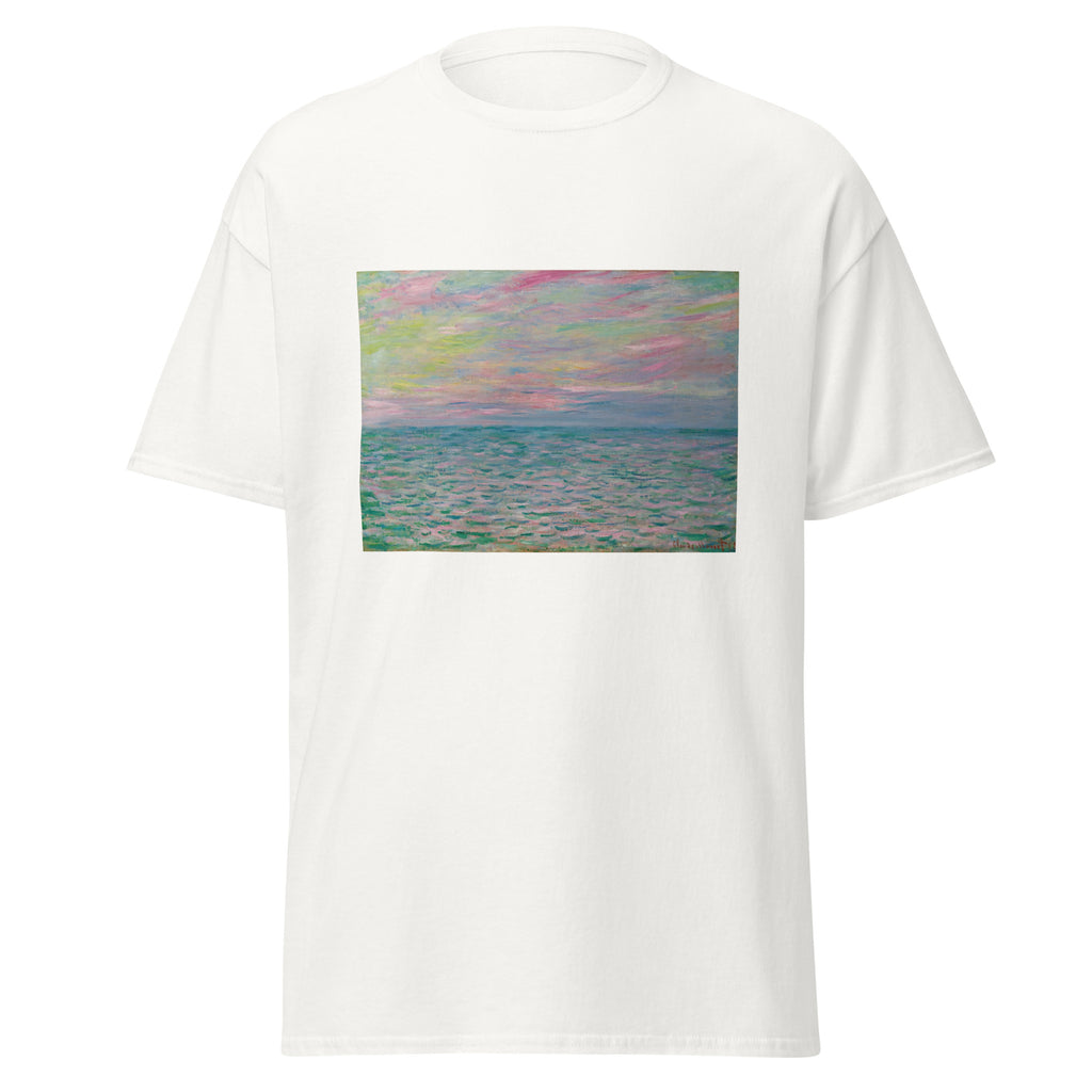 Unisex t-shirt featuring Claude Monet 'Coucher De Soleil À Pourville' artwork, shown in White, front view, sizes S–5XL