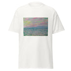 Unisex t-shirt featuring Claude Monet 'Coucher De Soleil À Pourville' artwork, shown in White, front view, sizes S–5XL