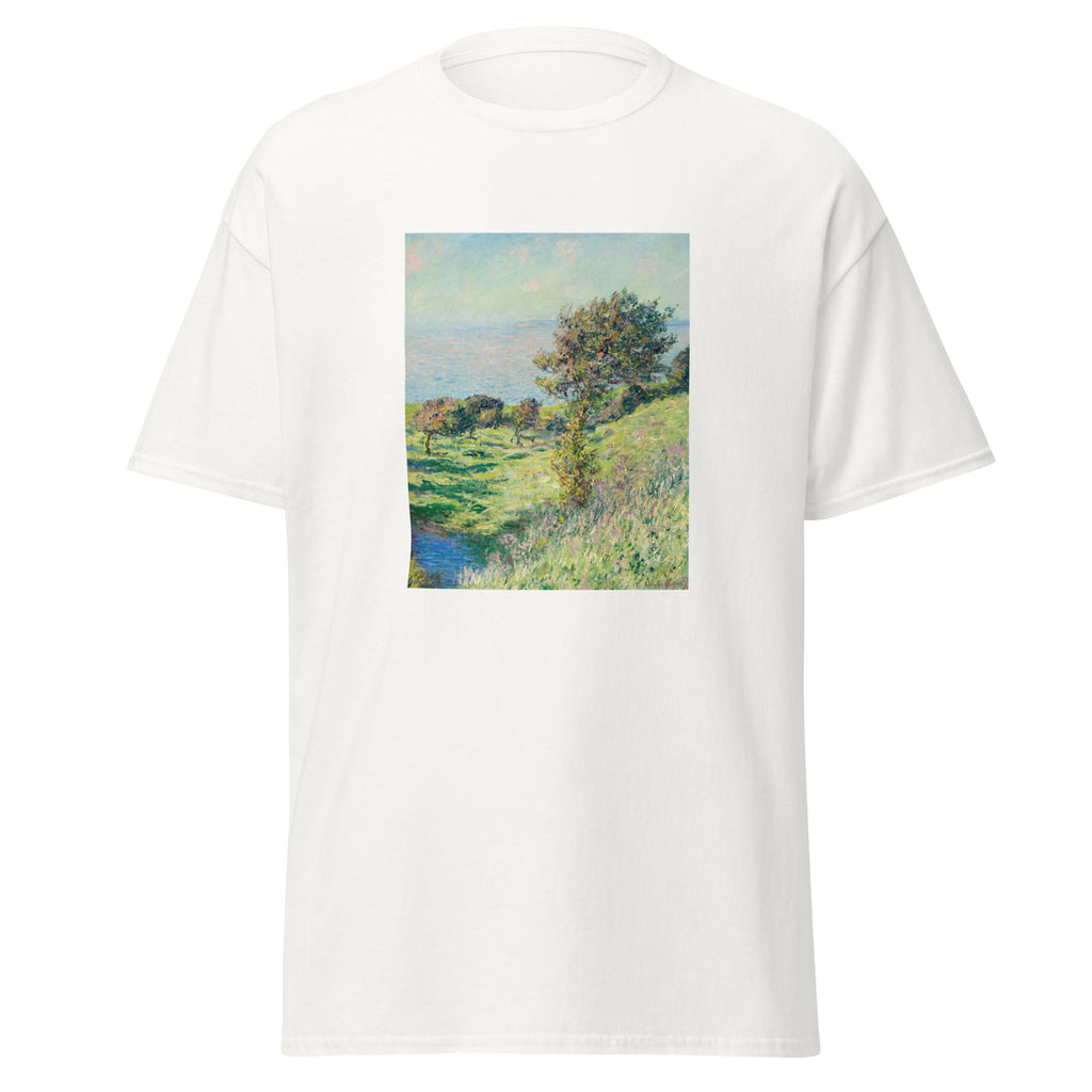 Unisex t-shirt featuring Claude Monet 'Coup de vent' artwork, shown in White, front view, sizes S–5XL