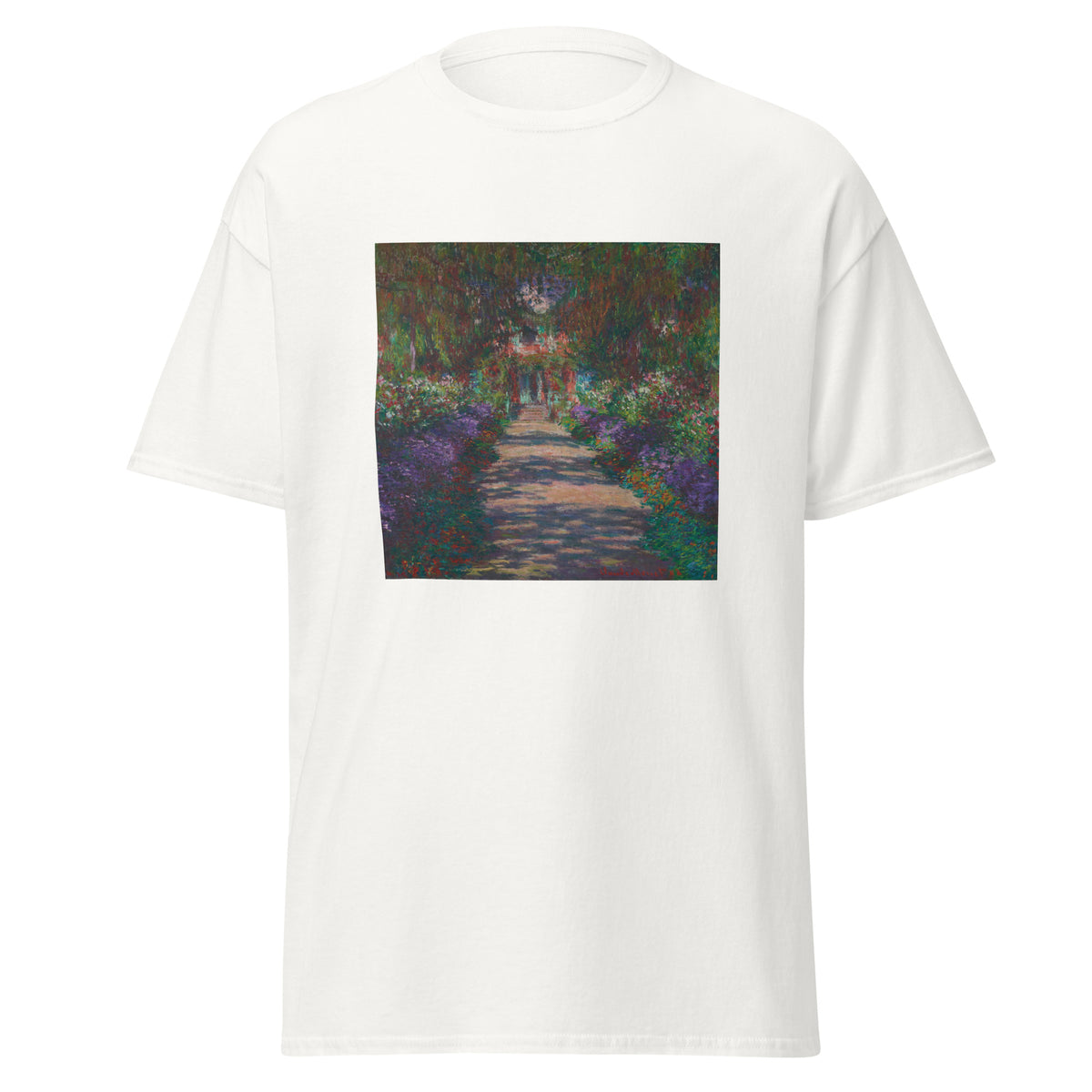Unisex t-shirt featuring Claude Monet 'Eine Allee in Monets Garten' artwork, shown in White, front view, sizes S–5XL