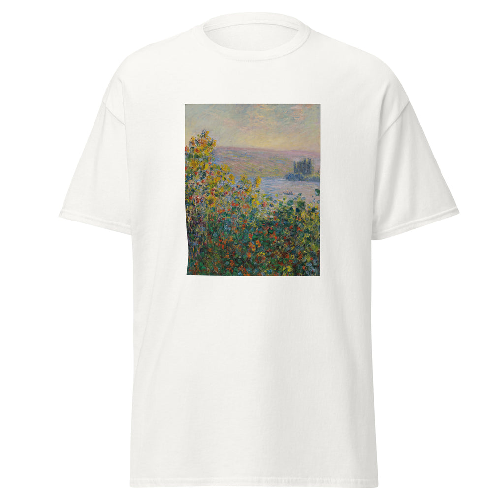 Unisex t-shirt featuring Claude Monet 'Flower Beds at Vétheuil' artwork, shown in White, front view, sizes S–5XL