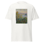 Unisex t-shirt featuring Claude Monet 'Flower Beds at Vétheuil' artwork, shown in White, front view, sizes S–5XL