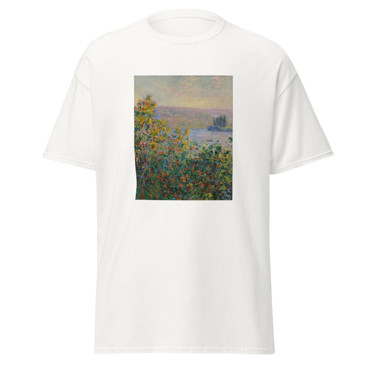Unisex t-shirt featuring Claude Monet 'Flower Beds at Vétheuil' artwork, shown in White, front view, sizes S–5XL