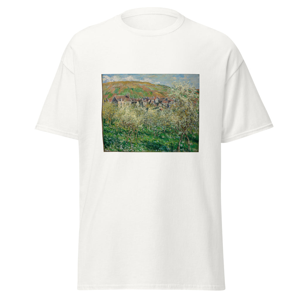 Unisex t-shirt featuring Claude Monet 'Flowering Plum Trees' artwork, shown in White, front view, sizes S–5XL