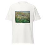 Unisex t-shirt featuring Claude Monet 'Flowering Plum Trees' artwork, shown in White, front view, sizes S–5XL