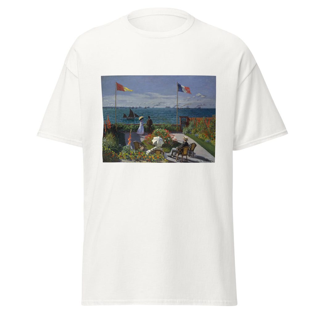 Unisex t-shirt featuring Claude Monet 'Garden at Sainte-Adresse' artwork, shown in White, front view, sizes S–5XL