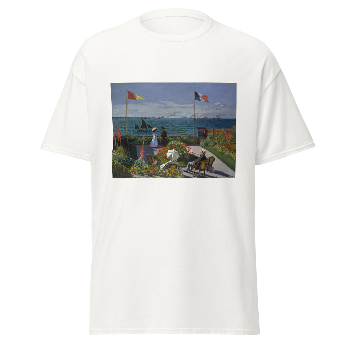 Unisex t-shirt featuring Claude Monet 'Garden at Sainte-Adresse' artwork, shown in White, front view, sizes S–5XL