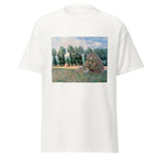 Unisex t-shirt featuring Claude Monet 'Haystacks' artwork, shown in White, front view, sizes S–5XL