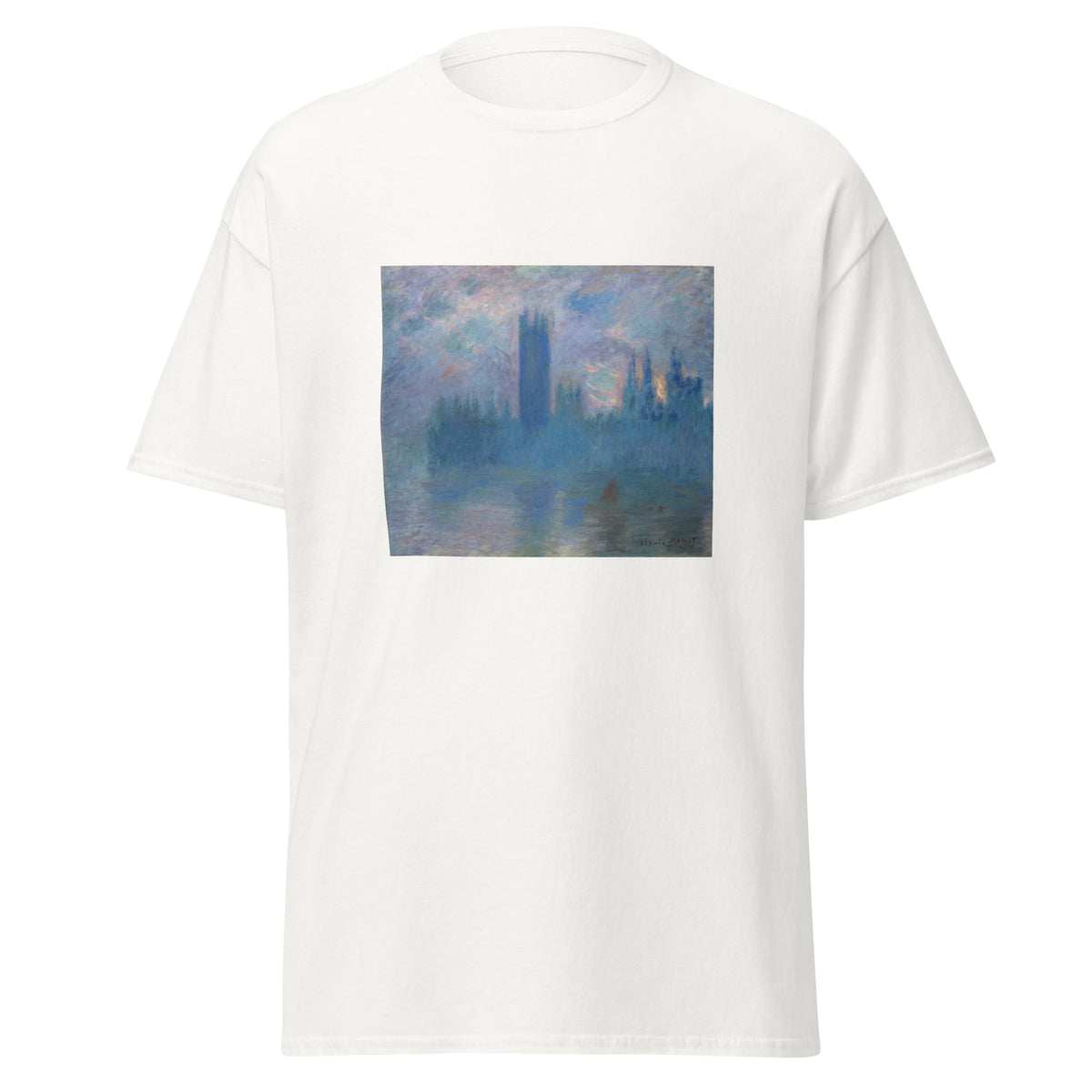 Unisex t-shirt featuring Claude Monet 'Houses of Parliament' artwork, shown in White, front view, sizes S–5XL