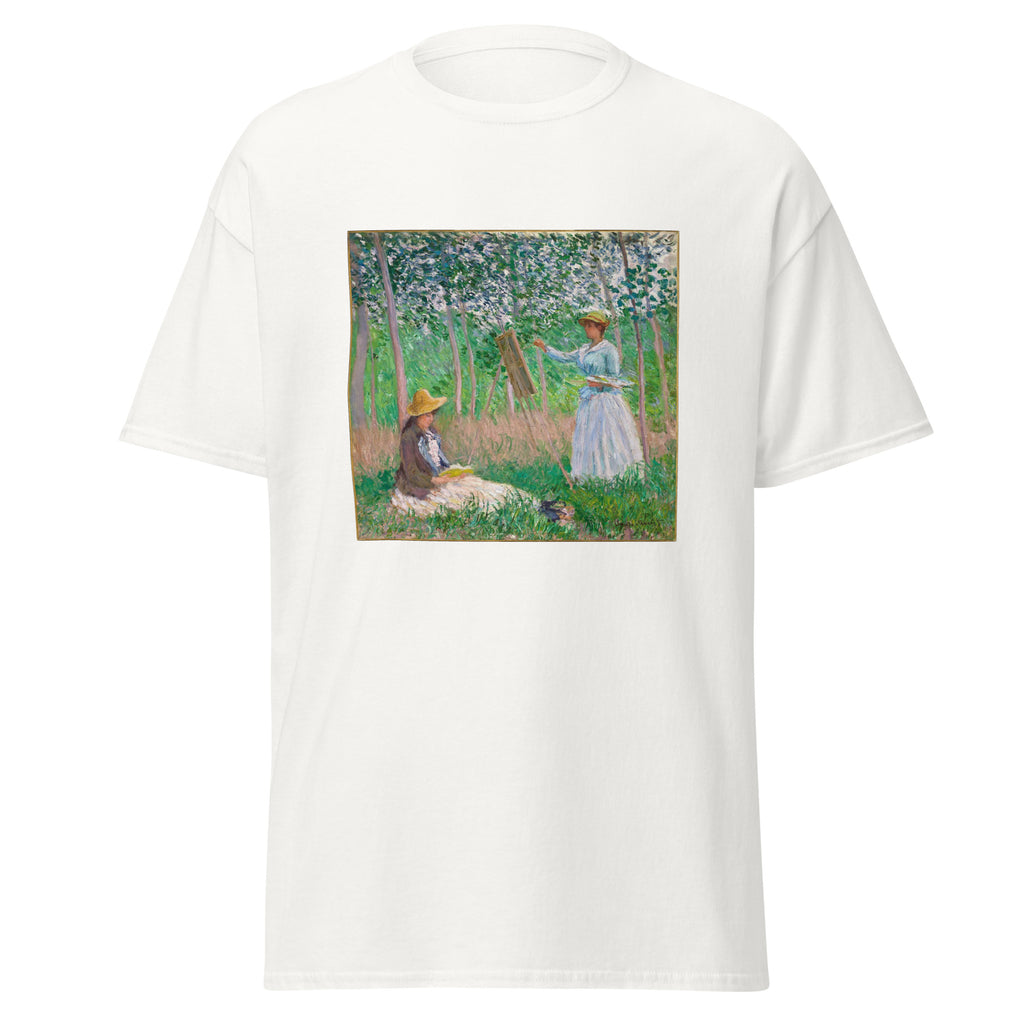 Unisex t-shirt featuring Claude Monet 'In The Woods At Giverny' artwork, shown in White, front view, sizes S–5XL