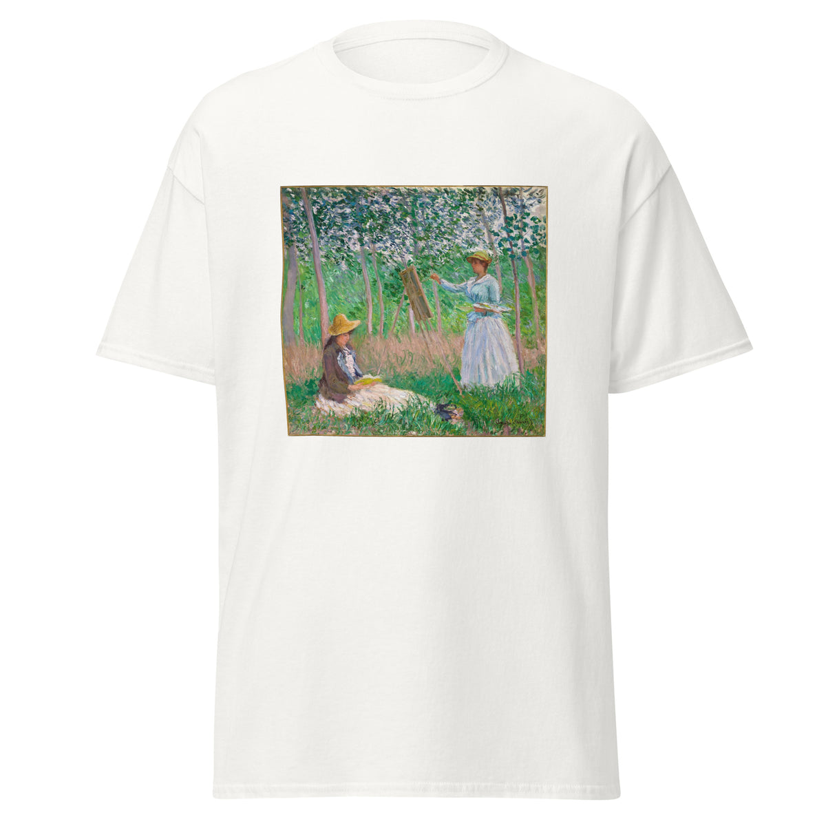 Unisex t-shirt featuring Claude Monet 'In The Woods At Giverny' artwork, shown in White, front view, sizes S–5XL