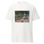 Unisex t-shirt featuring Claude Monet 'Jeune fille dans le jardin' artwork, shown in White, front view, sizes S–5XL