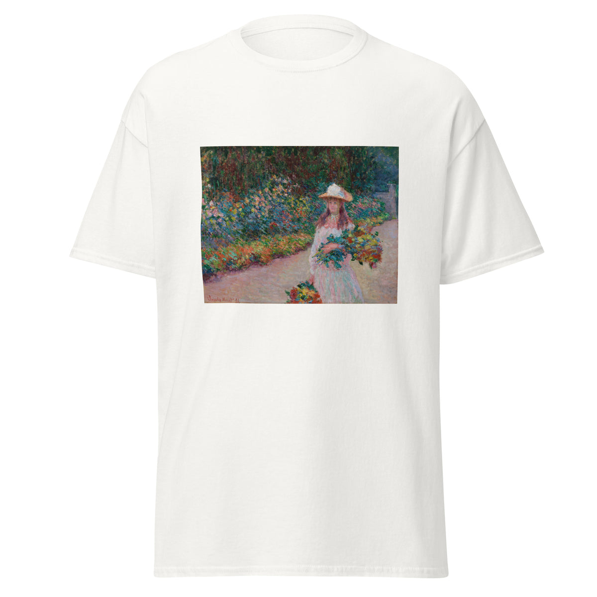 Unisex t-shirt featuring Claude Monet 'Jeune fille dans le jardin' artwork, shown in White, front view, sizes S–5XL