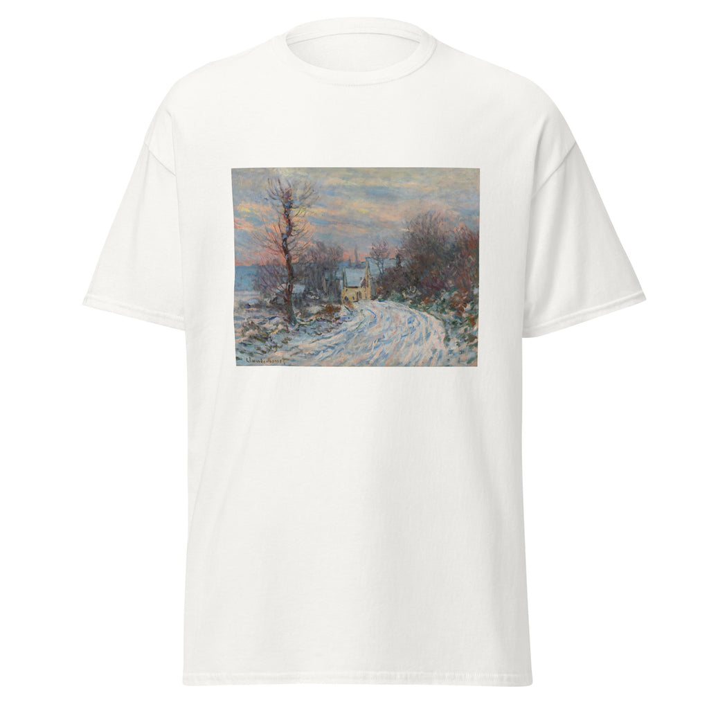 Unisex t-shirt featuring Claude Monet 'L’entrée De Giverny En Hiver' artwork, shown in White, front view, sizes S–5XL
