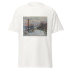 Unisex t-shirt featuring Claude Monet 'L’entrée De Giverny En Hiver' artwork, shown in White, front view, sizes S–5XL