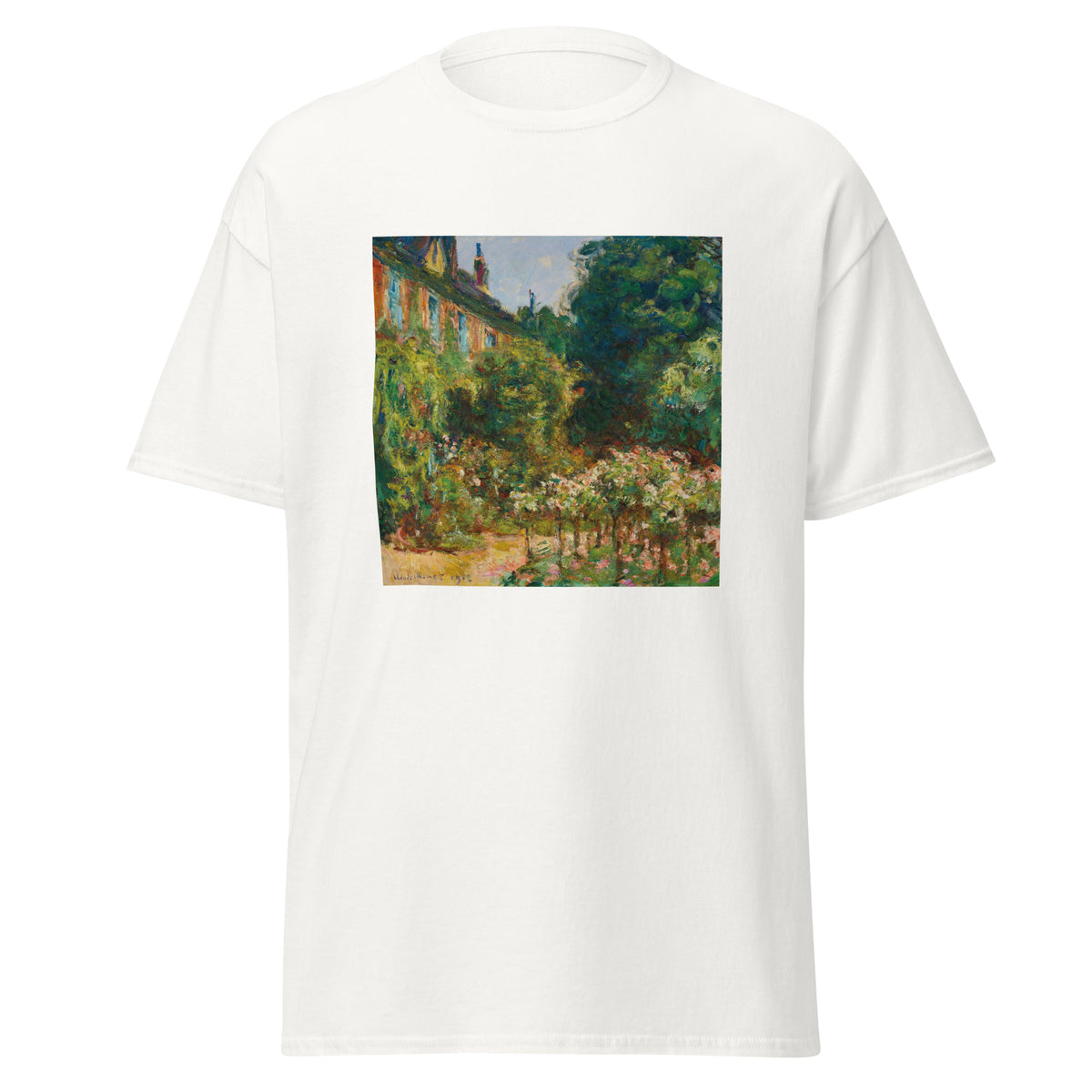 Unisex t-shirt featuring Claude Monet 'La maison de l’artiste' artwork, shown in White, front view, sizes S–5XL
