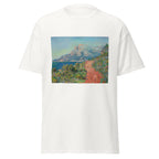 Unisex t-shirt featuring Claude Monet 'La route rouge' artwork, shown in White, front view, sizes S–5XL