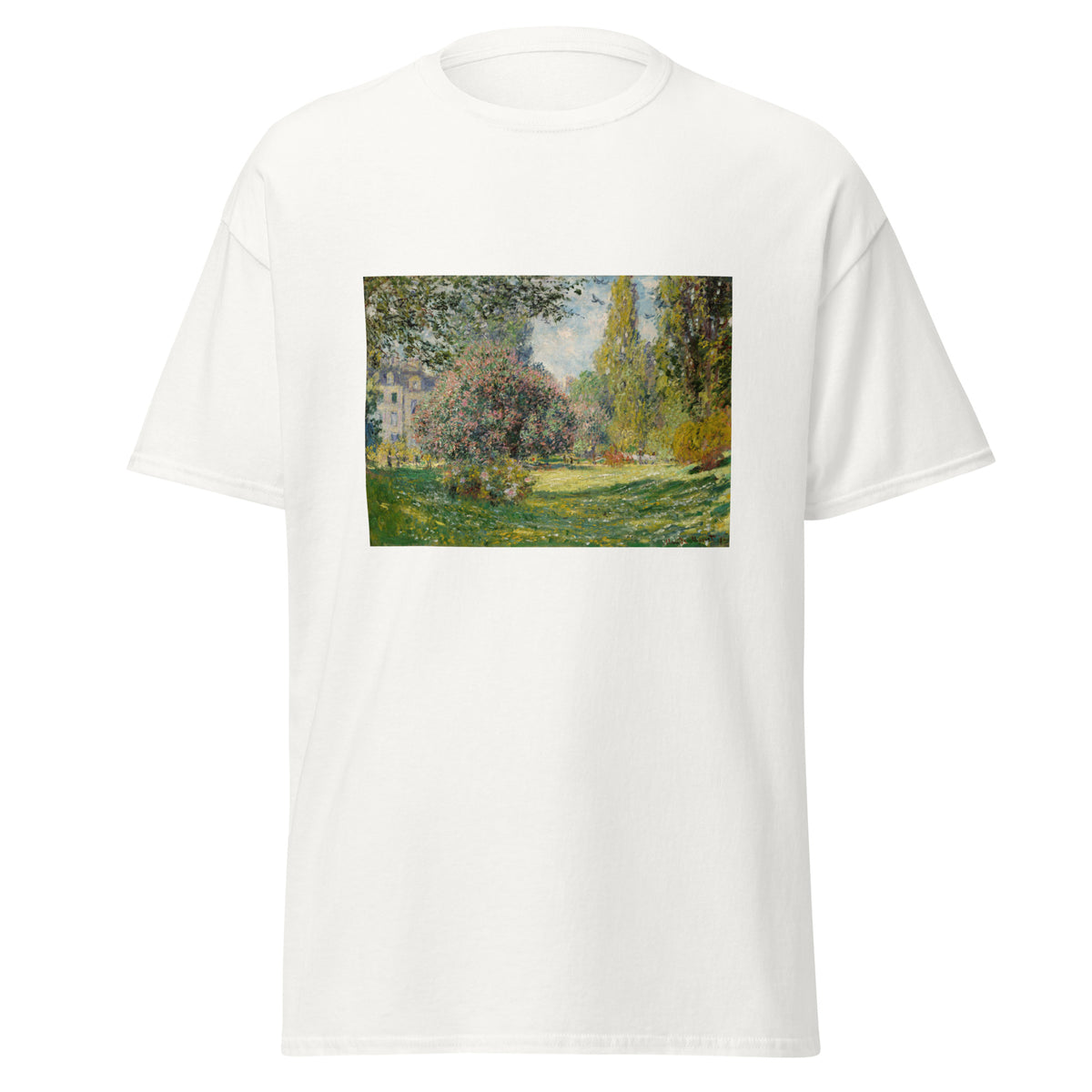 Unisex t-shirt featuring Claude Monet 'Parc Monceau' artwork, shown in White, front view, sizes S–5XL