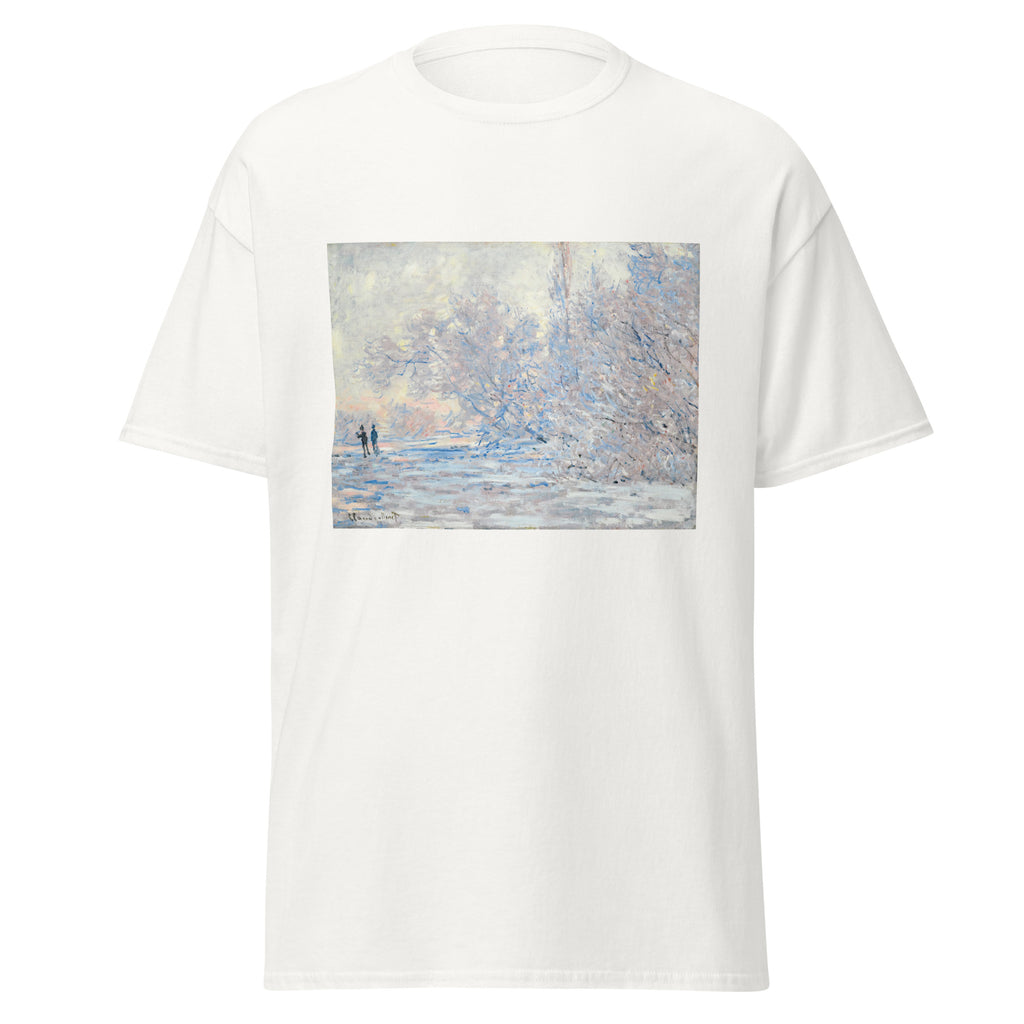 Unisex t-shirt featuring Claude Monet 'Le Givre À Giverny' artwork, shown in White, front view, sizes S–5XL
