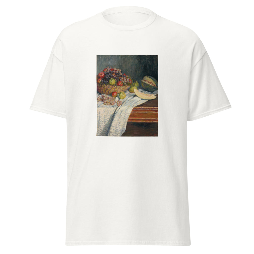 Unisex t-shirt featuring Claude Monet 'Nature morte au melon' artwork, shown in White, front view, sizes S–5XL
