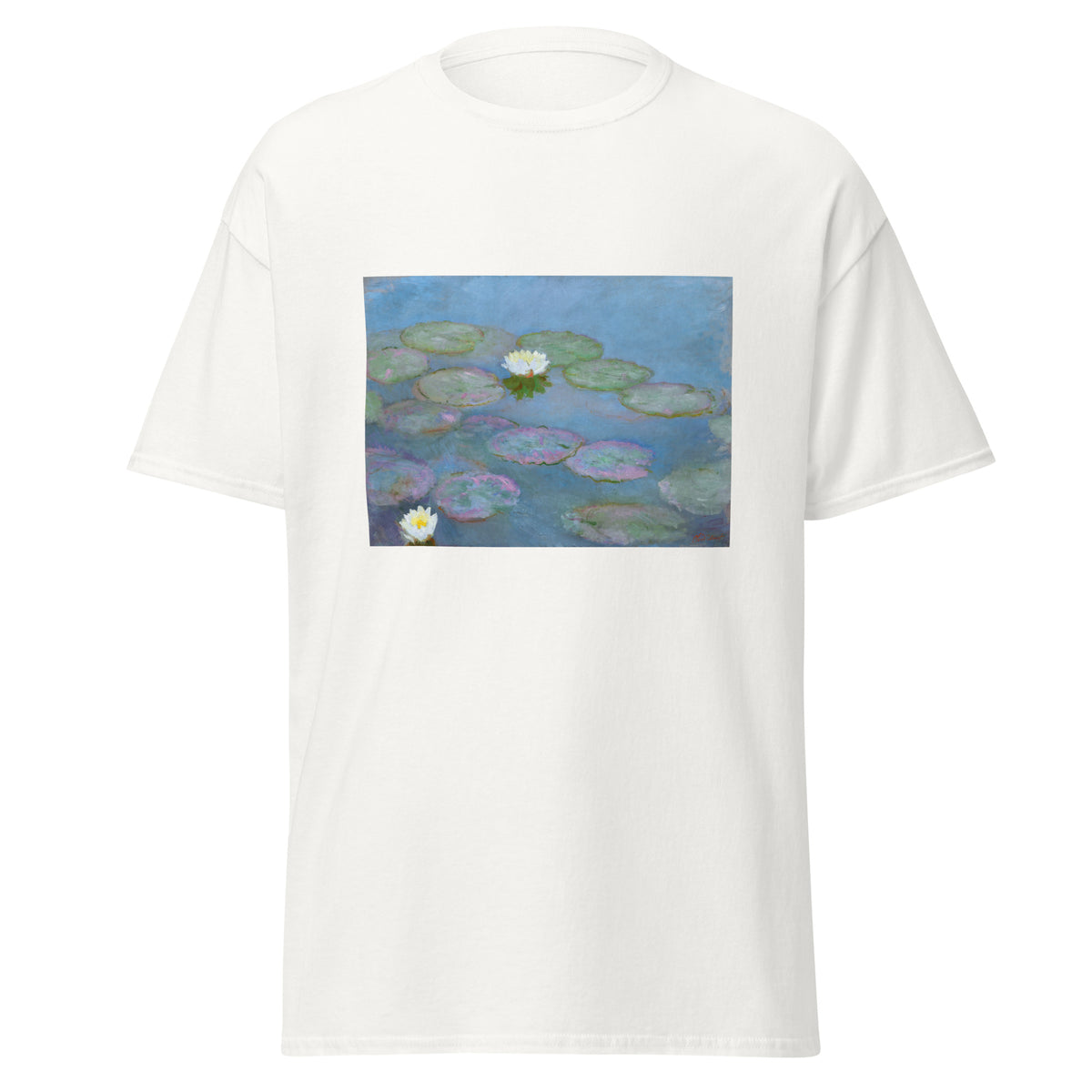 Unisex t-shirt featuring Claude Monet 'Nymphéas' artwork, shown in White, front view, sizes S–5XL