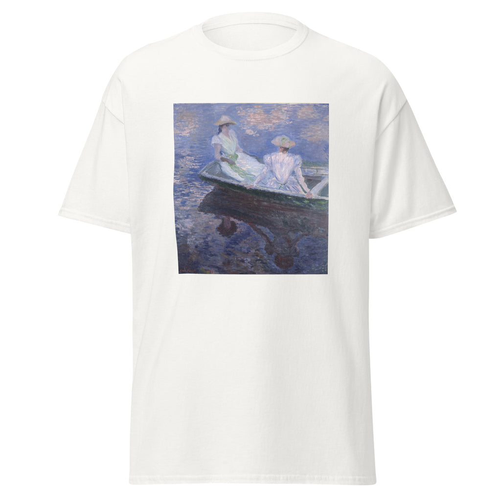 Unisex t-shirt featuring Claude Monet 'On the Boat' artwork, shown in White, front view, sizes S–5XL