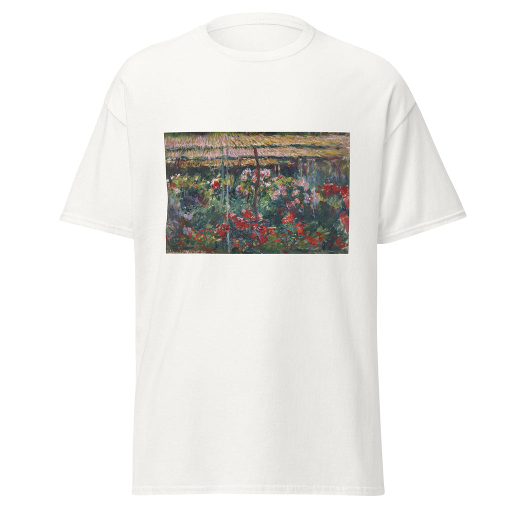 Unisex t-shirt featuring Claude Monet 'Peony Garden' artwork, shown in White, front view, sizes S–5XL