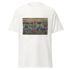Unisex t-shirt featuring Claude Monet 'Peony Garden' artwork, shown in White, front view, sizes S–5XL