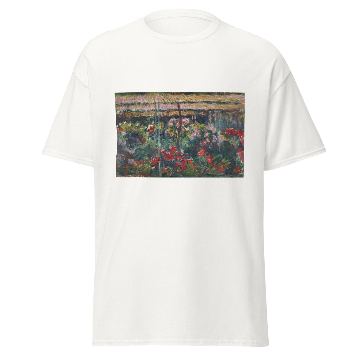 Unisex t-shirt featuring Claude Monet 'Peony Garden' artwork, shown in White, front view, sizes S–5XL