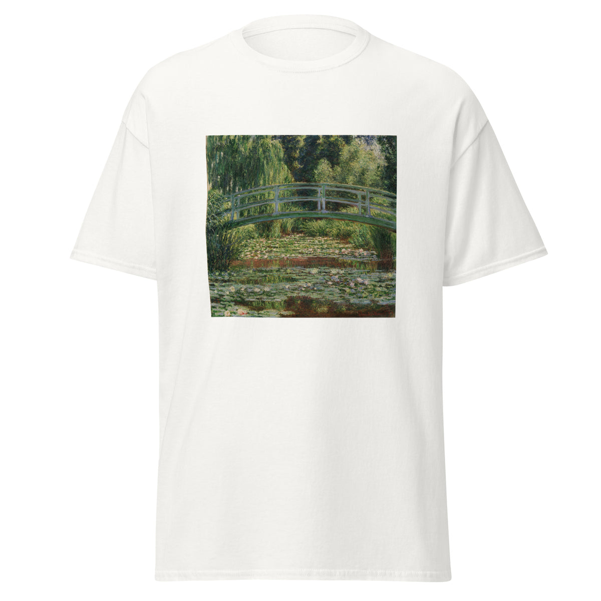 Unisex t-shirt featuring Claude Monet 'Poirier En Fleurs' artwork, shown in White, front view, sizes S–5XL