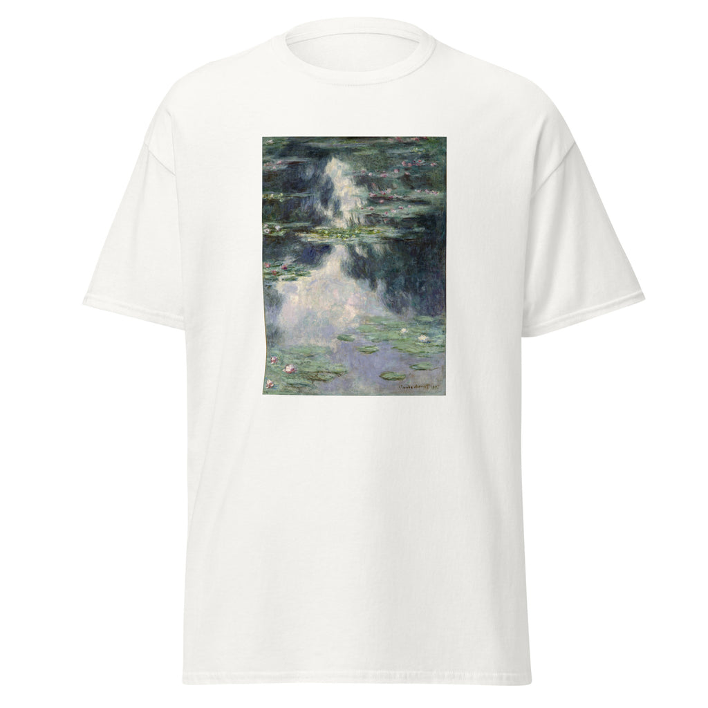 Unisex t-shirt featuring Claude Monet 'Pond with Water Lilies' artwork, shown in White, front view, sizes S–5XL