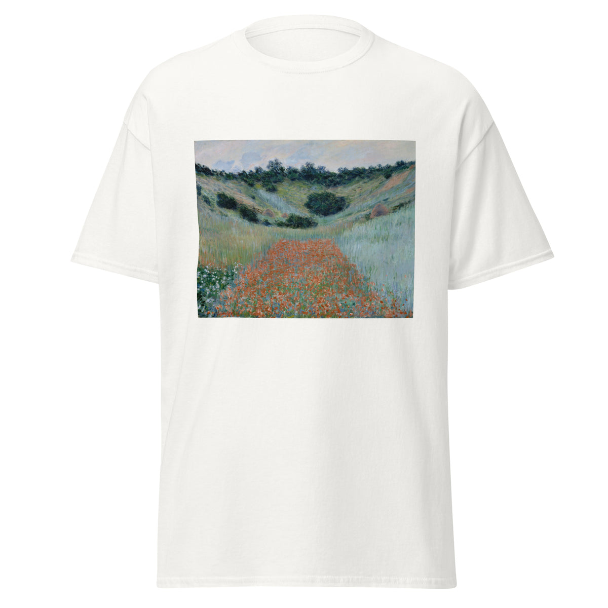 Unisex t-shirt featuring Claude Monet 'Poppy Field in a Hollow near Giverny' artwork, shown in White, front view, sizes S–5XL