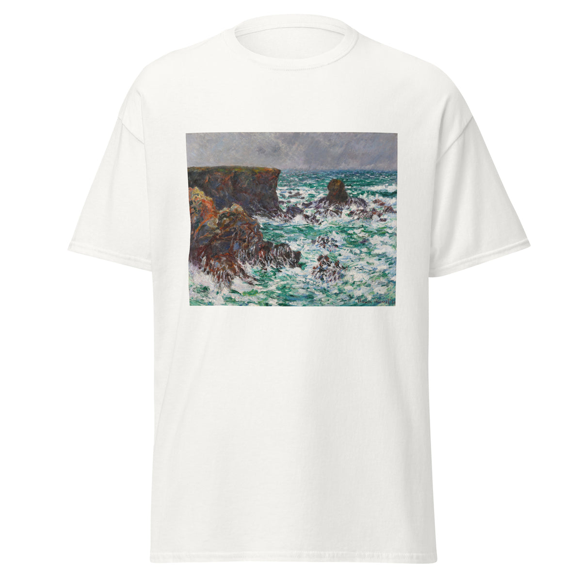 Unisex t-shirt featuring Claude Monet 'Port-Coton, Le Lion' artwork, shown in White, front view, sizes S–5XL