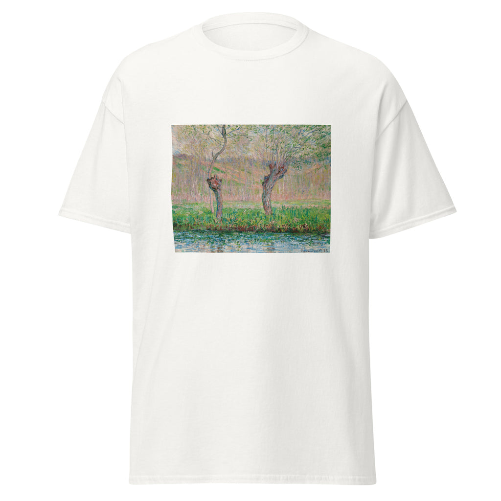 Unisex t-shirt featuring Claude Monet 'Printemps, saules' artwork, shown in White, front view, sizes S–5XL