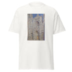 Unisex t-shirt featuring Claude Monet 'Rouen Cathedral The Portal' artwork, shown in White, front view, sizes S–5XL