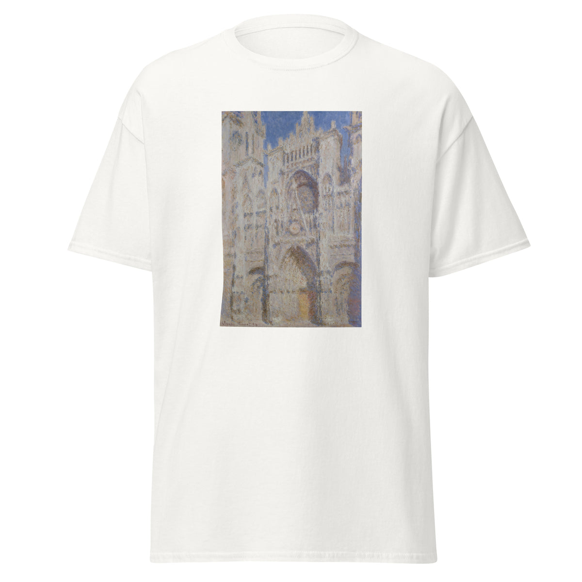 Unisex t-shirt featuring Claude Monet 'Rouen Cathedral The Portal' artwork, shown in White, front view, sizes S–5XL