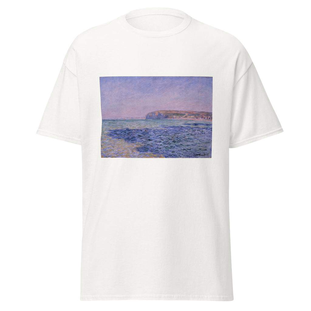 Unisex t-shirt featuring Claude Monet 'The Cliffs at Pourvill' artwork, shown in White, front view, sizes S–5XL
