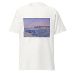 Unisex t-shirt featuring Claude Monet 'The Cliffs at Pourvill' artwork, shown in White, front view, sizes S–5XL