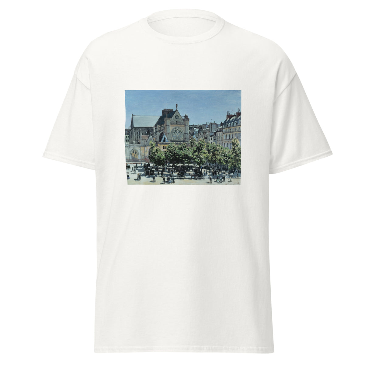 Unisex t-shirt featuring Claude Monet 'St. Germain l’Auxerrois' artwork, shown in White, front view, sizes S–5XL