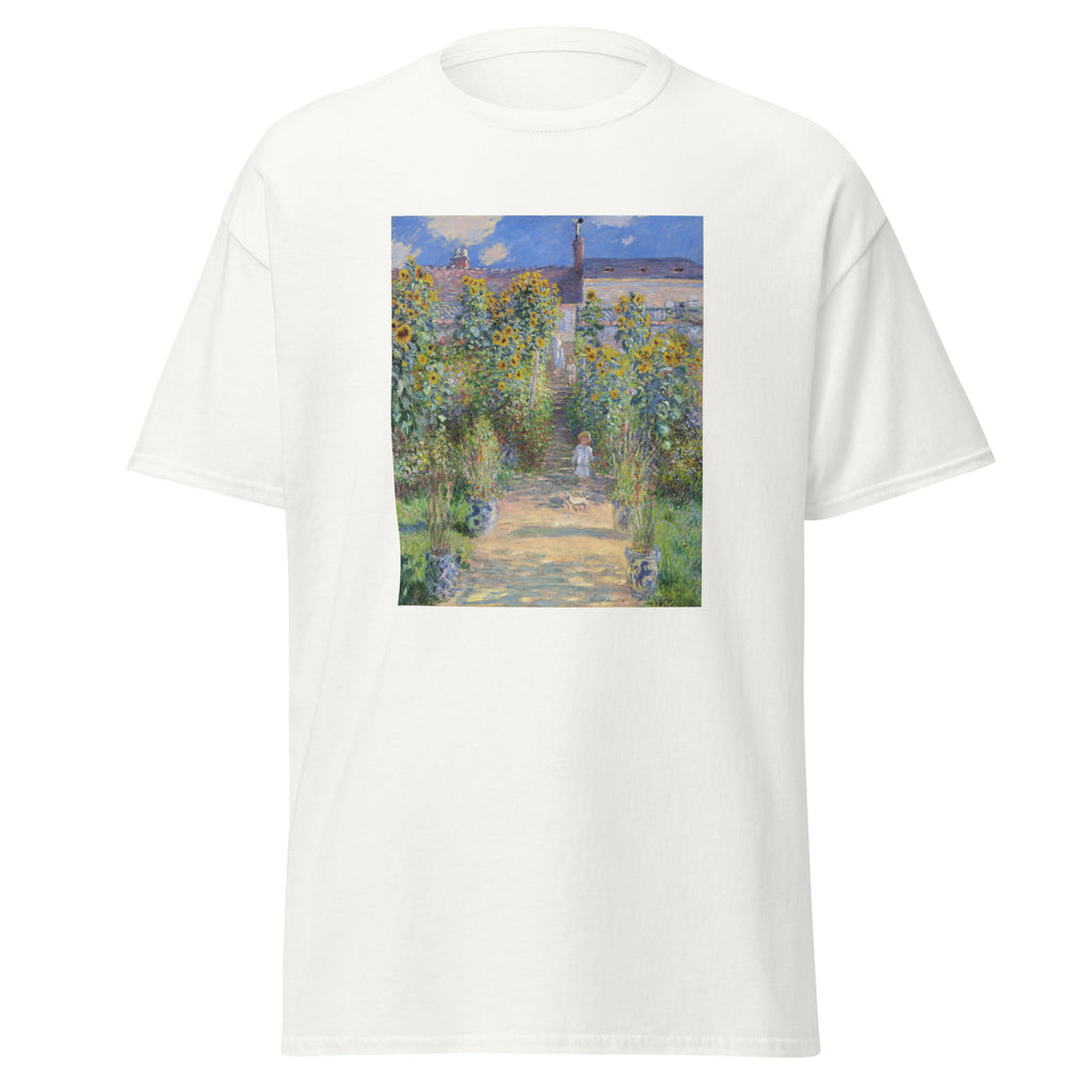 Unisex t-shirt featuring Claude Monet 'The Artist’s Garden at Vétheuil' artwork, shown in White, front view, sizes S–5XL