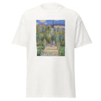 Unisex t-shirt featuring Claude Monet 'The Artist’s Garden at Vétheuil' artwork, shown in White, front view, sizes S–5XL