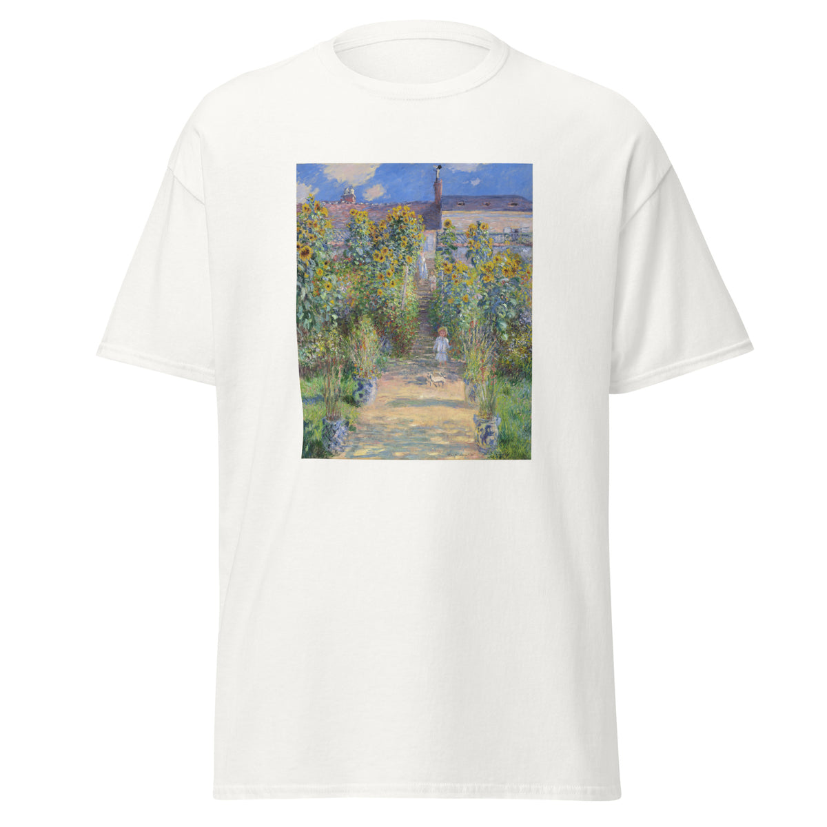 Unisex t-shirt featuring Claude Monet 'The Artist’s Garden at Vétheuil' artwork, shown in White, front view, sizes S–5XL