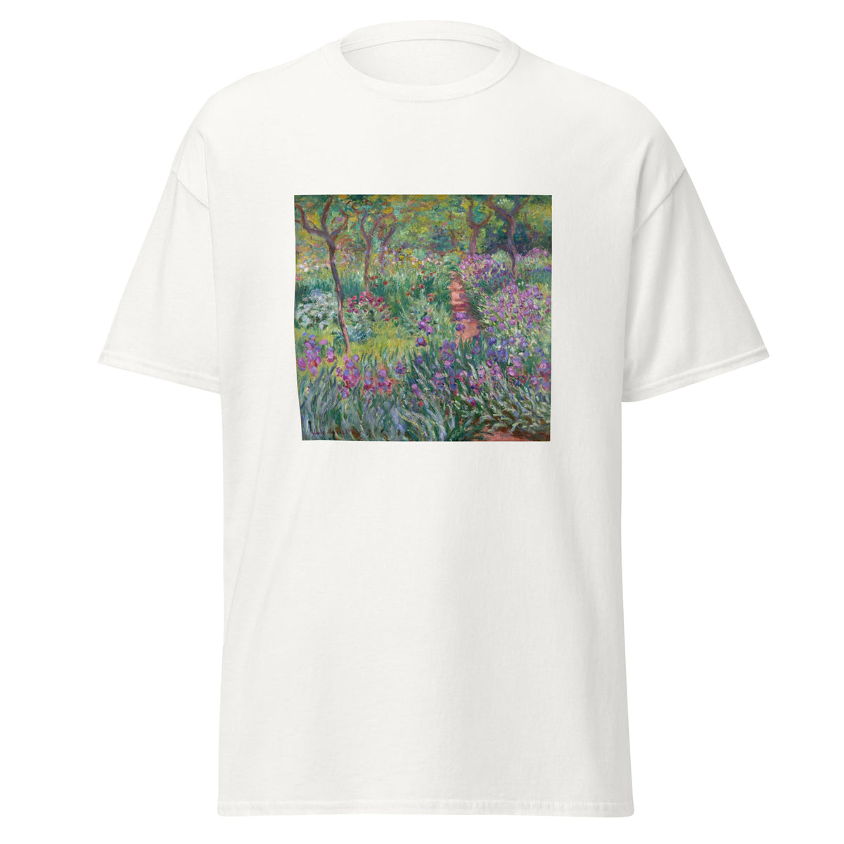 Unisex t-shirt featuring Claude Monet 'The Artist’s Garden in Giverny' artwork, shown in White, front view, sizes S–5XL