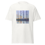 Unisex t-shirt featuring Claude Monet 'The Four Trees' artwork, shown in White, front view, sizes S–5XL