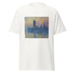 Unisex t-shirt featuring Claude Monet 'Houses of Parliament, Sunset' artwork, shown in White, front view, sizes S–5XL